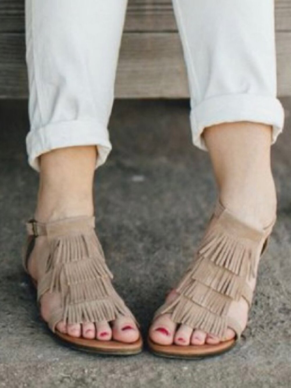 Minnetonka Size 7 Maui Fringe Suede Leather Sandals Ankle Strap T Beige Taupe